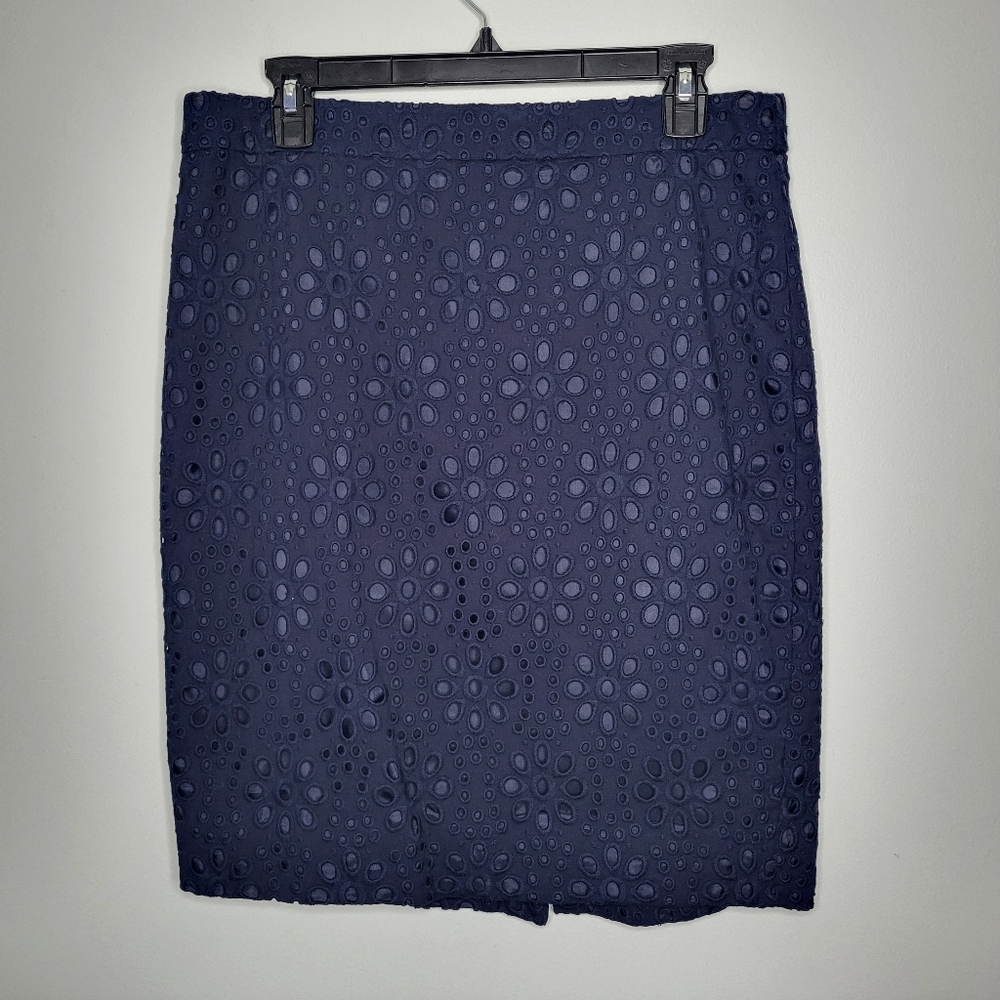 J.Crew Navy Eyelet Pencil Skirt Size 10 Knee Length Sheath Classic Work